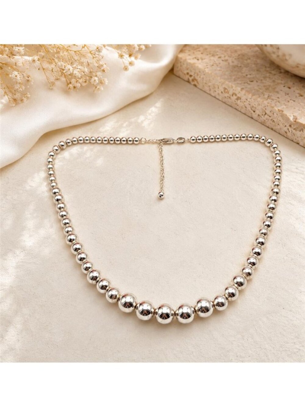 925 Sterling Silver Graduated Ball Bead Collar Necklace 18" Adjustable